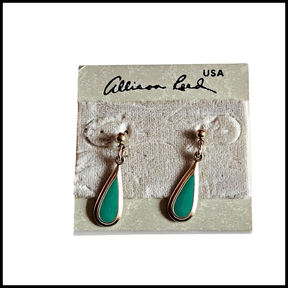 Vintage ALLISON REED Blue Green Tear Drop Dangle Silver Tone PIERCED EARRINGS
